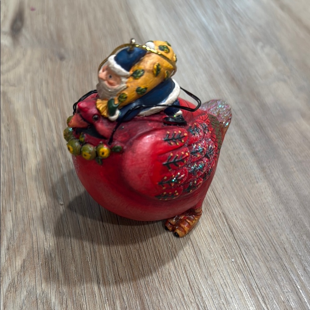 Whimsical Christmas Tree Ornament 4 inch Blue Santa Riding on Red Bird - Picture 4 of 7